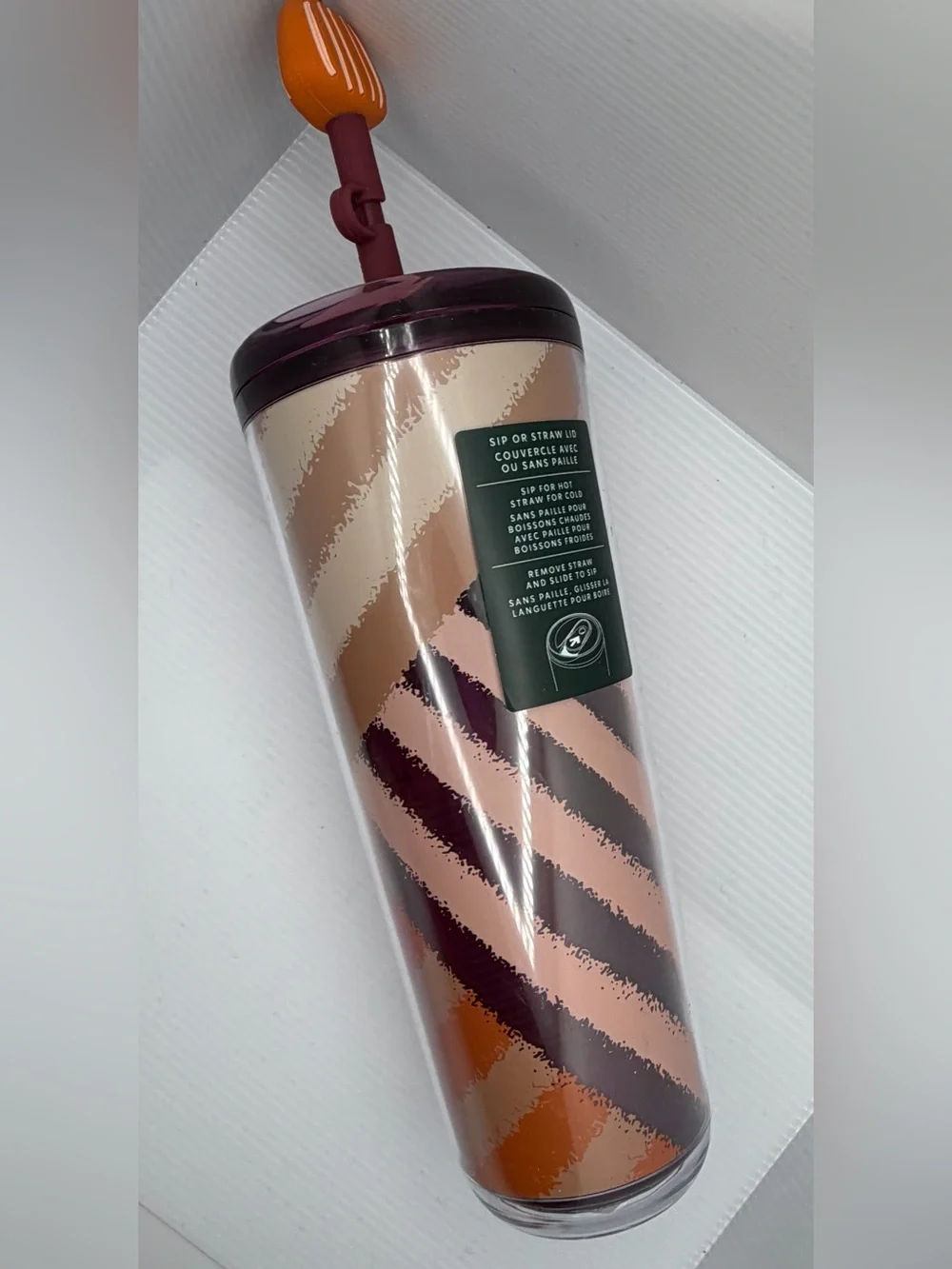 Starbucks Diagonal Striped Tumbler - Brown, Cream & Orange With Pumpkin Topper